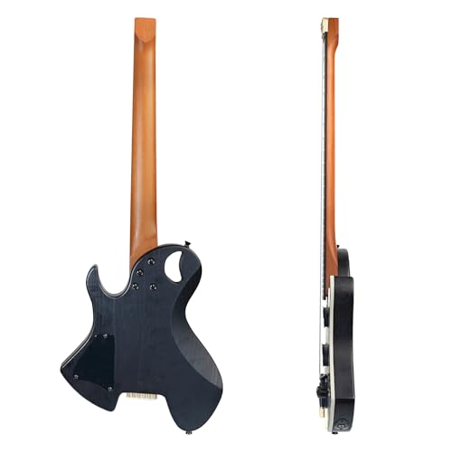 Image of Kadence Headless Electric Guitar HL01, Lightweight Solid Electric Guitar, Solid Ash Wood Body, Alinco H-H Pickup, Rounded Frets, Fixed Bridge, Matt Deep Pore Paint Finish with Bag and Cable (Black)