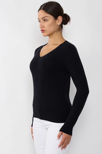 Image of JENNIE LIU Women's 100% Pure Cashmere Long Sleeve Pullover V Neck Sweater