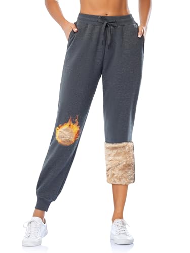 Photo de MOVE BEYOND Pantalon de Jogging en Polaire Femmes avec 2 Poches Longue Pantalon de Chaud Doublé en Sherpa avec Cordon Sweatpants Hiver, Gris, Doublure Polaire, L