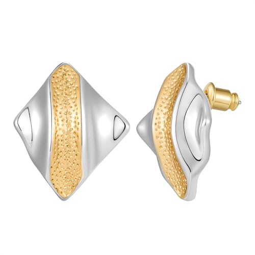 CFHUKS Pendientes Pendientes De Martillo Bicolor De Oro Y Plata con Textura Cóncava Y Convexa Irregular Mujer