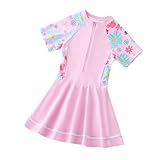 Girls Swim Skirt Color Blocked Zip Swimsuits for Girls Round Neck Tight Fitting Short Sleeved Swimsuit Pleated Dress