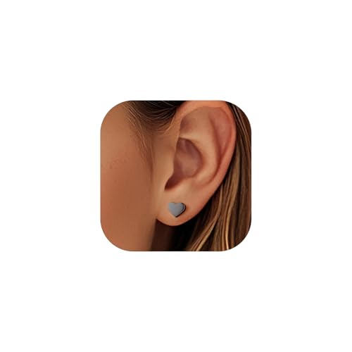 PROSILVER 925 Sterling Silver Studs Earrings for Women, Hypoallergenic Earrings Silver/Gold/Black Flat Back Stud, Heart/Moon Cute Earings Jewelry Heart-Black