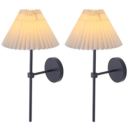Image of Black Wall Sconces Sets of 2, White Pleated Fabric lampshade Matte Wall Lamp, Column Bracket Wall Lighting, Bathroom Dresser Hardwired lamp Fixture, Applicable to Living Room, Bedroom and Dining Room