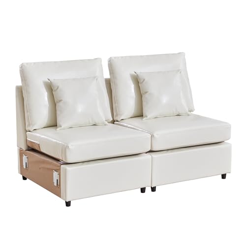Image of RARZOE Modular Sectional Couch Armless Seats Module, Faux Leather Sofa 2 Armless Chairs Middle Module Seats, Modular Sectional Sofa Module for Living Room Home Theater,Beige