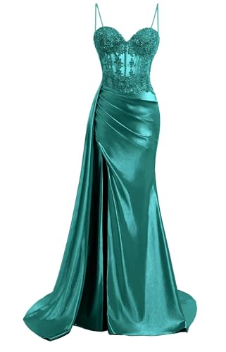 Robe de bal en satin à bretelles spaghetti longue sirène de soirée BY218
