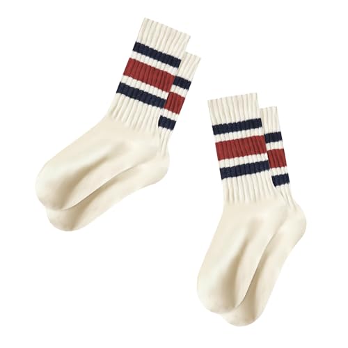 Image of Vintage Striped Crew Socks Slouchy Calf Tube Socks for Women and Men | Retro Athletic Mid-Calf Socks, Stretchy Knit Casual Comfort for Running Golf Tennis Volleyball & Daily Wear