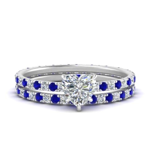 55Carat Classic Delicate Diamond Wedding Set sterling silver Created Blue Sapphire Heart shape Blue color Petite Engagement Rings prong Setting in Size 10 Handcraft Chakra Healing
