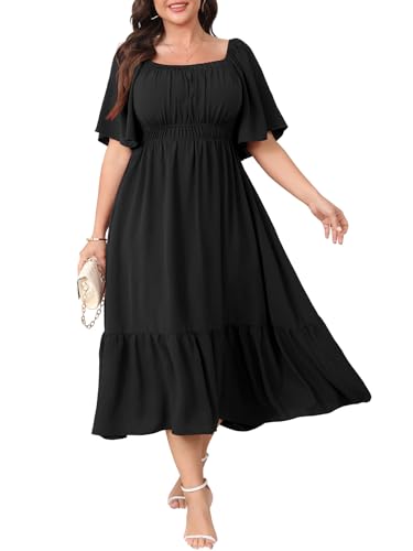 Image of CICIDUDU Plus Size Smocked Maxi Dresses for Curvy Women Square Neck Flowy Casual Summer Wedding Guest Dress