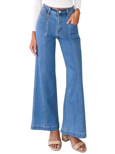 Jean évasé taille haute vintage à poches pantalon denim ample et galbant pour femme