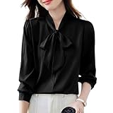 【1/2style】ボウタイブラウス 長袖 とろみ シャツ 水玉 千鳥 無地 上品 シルエット 体型カバー きれいめ オールシーズン レディース (黒,M)