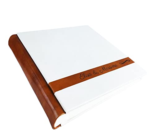 TriVin Art Álbum de fotos artesanal - Marte - de piel sintética, con inserción de cuero auténtico, personalizable con grabado. Ideal para cualquier evento (blanco/piel miel)