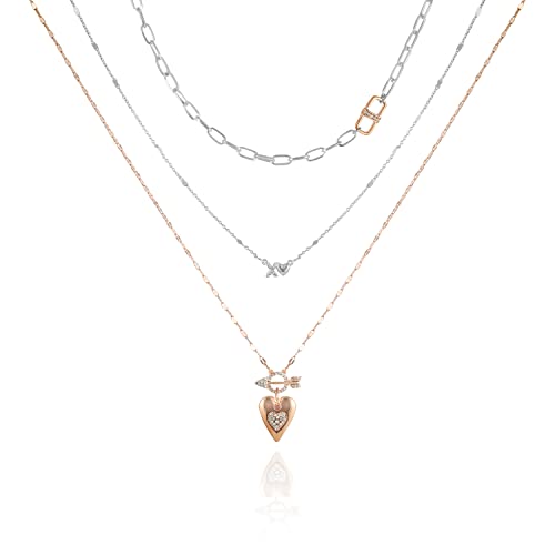 GUESS Silvertone Rosegold Heart Pendant Layered Necklace, One Siz...