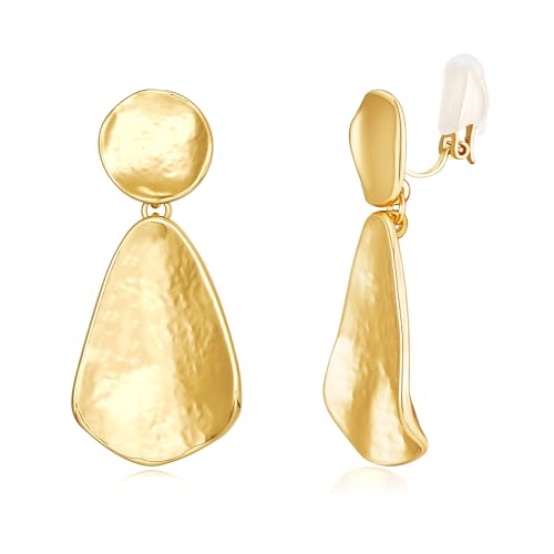 YUJIE Gold Clip On Earrings for Women Dangle Hammered Geometric Earrings Gold Plated Jewelry