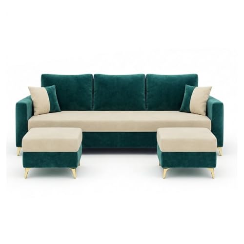 Image of Classiq Rich 5 Seater L Shape Sofa Set with 2 Movable Ottomans | Flexible Layout | Rich Velvet Suede Fabric | Silver Legs | Dual Tone Modern Sofa for Living Room (Greenish Teal-Cream)