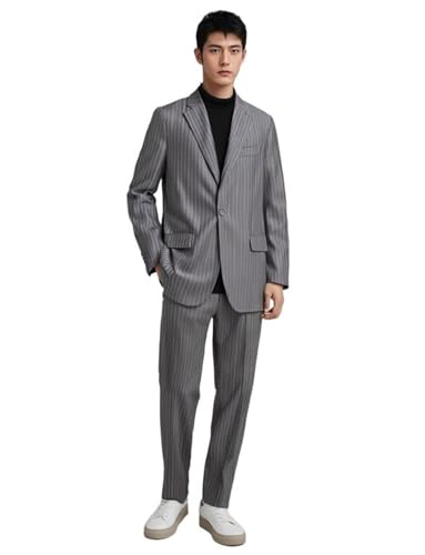 Kromoc Men's Stripe Suit Notch Lapel One Button 2-Piece Tuxedos Wedding Cosplay
