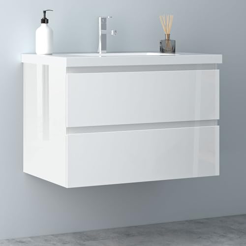 Biubiubath Badezimmermöbel 80cm Mineralguss Waschtisch mit Unterschrank Badmöbel Set Badezimmerschränke mit 2 Soft-Close Schubladen Hochglanz Weiß
