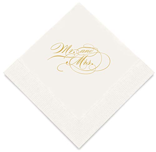 Serviettes de cocktail Mr and Mrs blanche et feuille d'or pour decoration de table de mariage