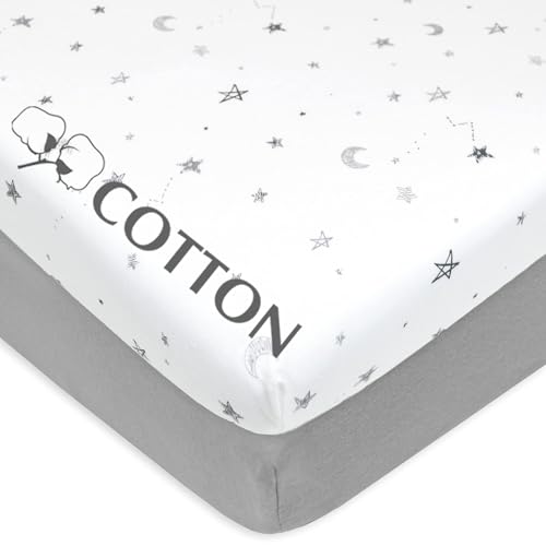 Image of American Baby Company 2 Pack 100% Natural Cotton Fitted Mini Crib Sheets 38 inch x 24 inch - Soft & Breathable Small Nesting Portable Sheets, Fits Pack N Play Mattresses, Gray Stars and Gray, for Boys & Girls