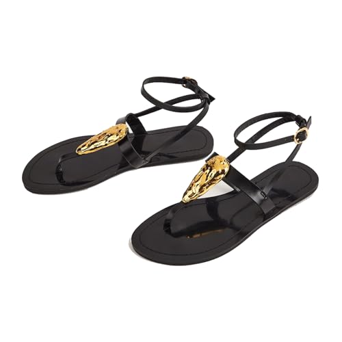 Women's Leather Metal Decor Thong Flat Sandals with Adjustable Ankle Buckle Comfortable Round Open Toe Slingback Flip-Flops Sandals Summer Casual Fashion Rome Sandals
