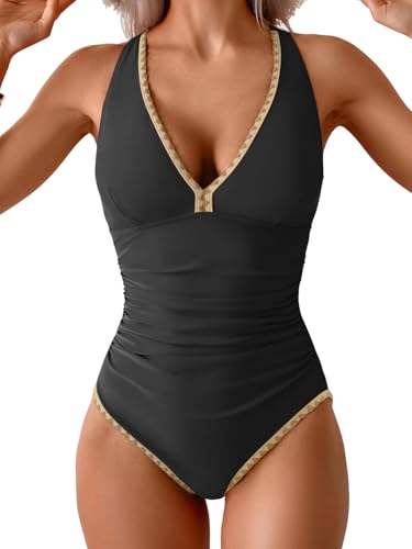 Image of B2prity One Piece Swimsuit for Women Tummy Control Ruched Bathing Suit Push Up Tie Back Swimwear Shell Stitched