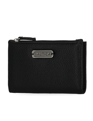 Nautica High Tide Carteira pequena para mulheres, porta-cartões de crédito fino com bloqueio de RFID com bolso para moedas, carteira feminina compacta dobrável com janela para identidade, Preto