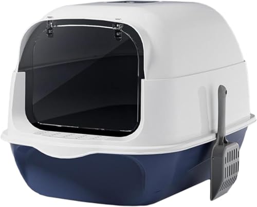 BQQB 蓋付きフード付き猫トイレ、大型猫トイレペットトイレトレイ、耐久性のある取り外し可能な子猫トイレペットトイレ蓋付き (ダークブルー)