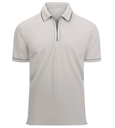Alex Vando Mens Zipper Golf Shirt Moisture Wicking Zip Up Solid Fashion Polo Shirts,Grey,L