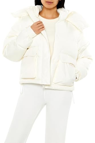 Cozy Vibes: Forever 21 Cream Hooded Drawstring Puffer Jacket for Women