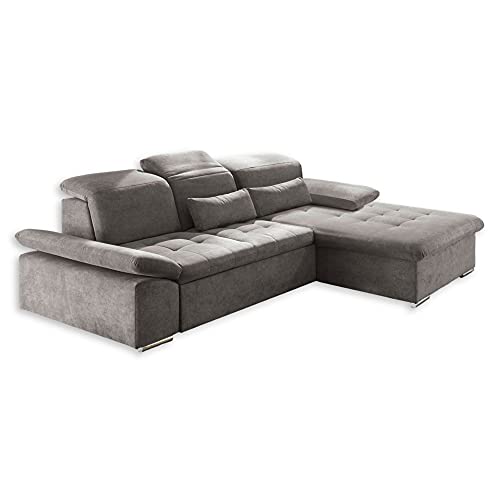 Stella Trading WAYNE Ecksofa mit Schlaffunktion, Stoffbezug Schlamm - Ausziehbare Eckcouch mit verstellbaren Armlehnen und Kopfteilen - 276 x 81(104) x 188 cm (B/H/T)