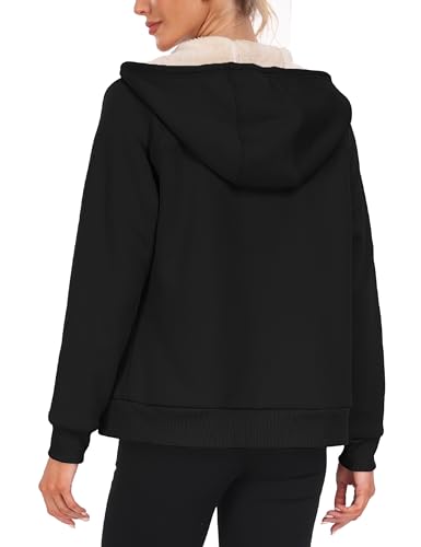 MoFiz Zip Up Hoodie Women Thermal Fleece Lined Zipper Hoodies Jacket Winter Coats For Women Warm Casual Hooded Sweatshirts With Pocket Black Large
