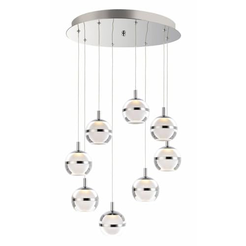 ET2 Lighting Swank 8-Light Pendant | Polished Chrome Finish | Steel & Clear/Frosted Glass | Modern Hanging Pendant Light for Kitchen Islands | Adjustable Cord Suspension | E24598-93PC