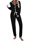 SWOMOG Womens Pajamas Set Soft Long Sleeve Button Down Nightwear Jogger Pants with Pockets Warm Sleepwear Lounge Sets Black