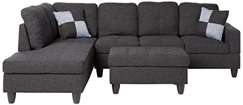 Beverly Fine Furniture Left Facing Linen Russes Sectional Sofa Set With Ottoman, Dark Grey - Thumbnail 2