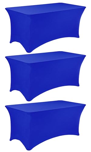 Image of 3 Pack 6FT Spandex Table Covers Washable Wrinkle Resistant Fitted Rectangle Tablecloth for Folding Table Wedding Party Birthday Banquet Bar Events(Royal Blue)