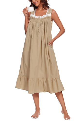 Image of AVIIER 100% Cotton Nightgowns for Women Sleeveless Sleep Dress Ladies Gowns Sleepwear with Pockets