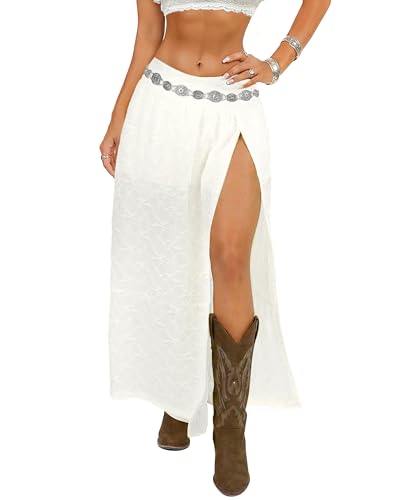 UpFind Womens Western White Boho Lace Maxi Skirt High Slit Cowgirl Skirts Sexy Beach Skirt Country Concert Outfits for Women M