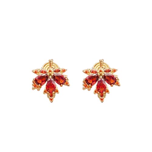 Dainty Maple Leaf Clip On Non Piercing Earrings for Women Cubic Zirconia Red Crystal Autumn Fall Leaves Fake Earring Fashion Thanksgiving Christmas Jewelry Gifts for Daughter Hypoallergenic Clips