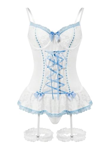 Image of Foxiny Sexy Mesh Corset Ruffle Lace Up Underwire Sheer Garter Belt Babydoll Lingerie Set With Thong 3 Piece Women