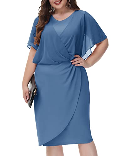 Hanna Nikole Women Elegant Chiffon Batwing Cape Slim Midi Dress Plus Size Short Poncho Dress 22W Grey Blue