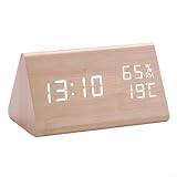 MoSundi Sveglia digitale in legno con display a LED, monitor di temperatura e umidità, formato 12/24 ore, per camera da letto, soggiorno o scrivania da ufficio