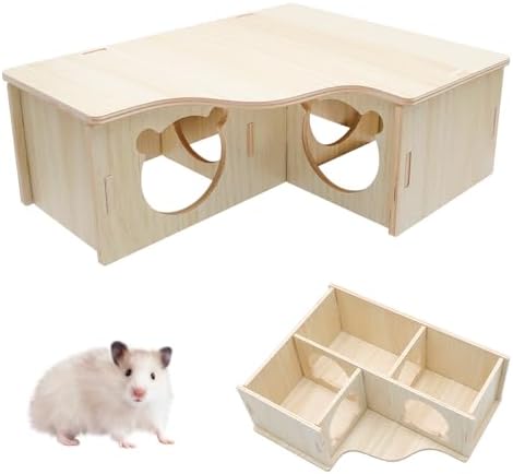 casa hámster Madera 3 Habitaciones – Casita hámster Natural Resistente al Agua, Refugio hámster ecológica y Segura, casa hámster pequeña Decorativa fácil de Limpiar para hámster Enano Dorado