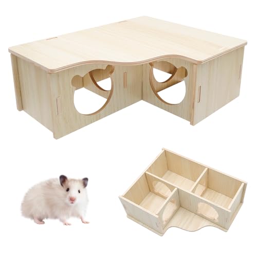 TMZELOA Mehrkammernhaus Hamster aus Naturholz 3-Zimmer Hamsterhaus Holz wasserfest Hamster Versteckhaus sicher und ungiftig Hamster Haus klein für Zwerghamster Goldhamster Rennmaus