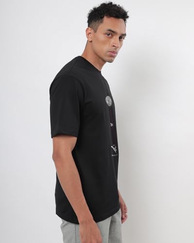 Image of Bewakoof Men's Hangin Astronaut Graphic Printed 100% Cotton T-Shirt - Oversized Fit, Round Neck, Half Sleeves