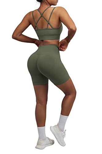 Omkagi Workout Sets For Women Seamless Strappy Sports Bra Butt Lifting Workout Shorts Leggings 2 Piece Gym Outfits(M,4-Army Green) #TOP4