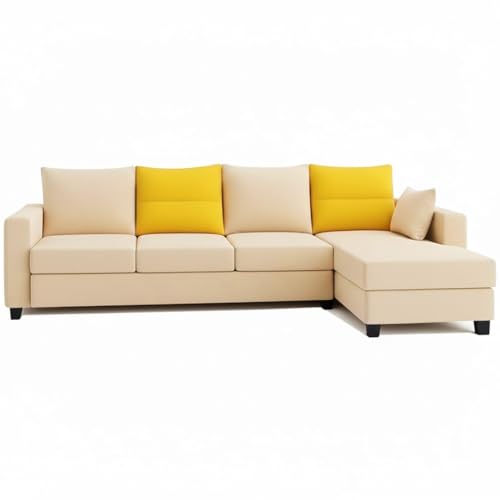 Image of CASASTYLE Texon 5 Seater Fabric RHS L Shape Sofa Set (Yellow-Cream) Velvet Finish | Comfortable Sectional Sofa Set