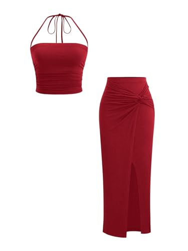 Verdusa Womens 2 Piece Vacation Outfits Ruched Crop Halter Top with Asymmetrical Slit Long Skirt Going Out Sets Red Medium