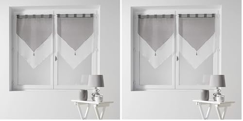 Douceur d'Intérieur, Paire de Voilages à Passants (2 x 60 x 90 cm) Duo Blanc/Gris, Voile Bicolore (Lot de 2)