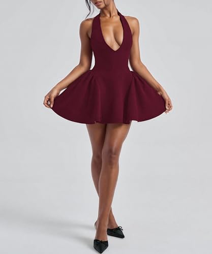 Image of Kwunbwa Women's Sexy Sleeveless V Neck Halter Backless A line Mini Dress | Ruffle hem, flowy, solid color, suitable for casual, party, cocktail, club, prom, wedding guest, vacation, birthday, travel