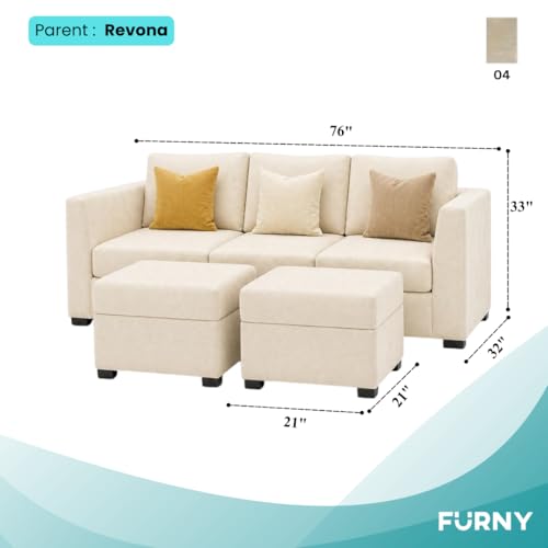 Image of FURNY Revona 5 Seater L Shape Sofa Set with 2 Movable Ottoman | Flexible Left or Right Layout | Plush Velvet Fabric (Cream) | Perfect for Living Room, Guest Room & Office