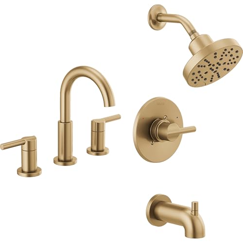 Delta Faucet Nicoli 14 Series Single-Handle Tub and Shower Faucet with 5-Setting H2Okinetic Shower Head, Nicoli Widespread Bathroom Sink Faucet 3-Hole, Champagne Bronze (Shower Valve Included)